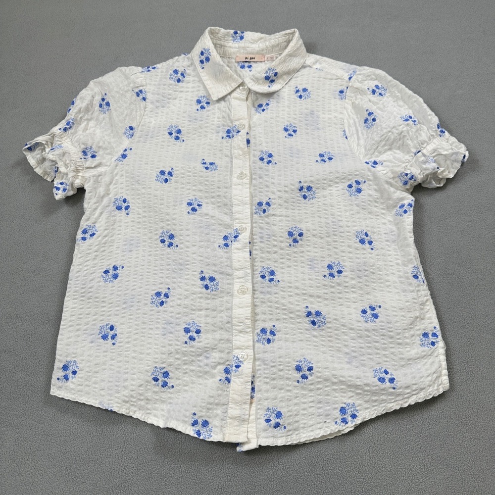 Mi Ami Francescas Shirt Top S White Blue Floral Textured Puff Sleeve Button Up